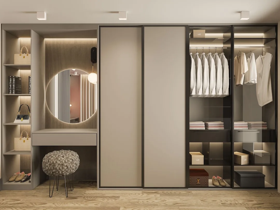 Closet modulado com porta de correr em vidro e perfil de alumínio em quarto moderno
